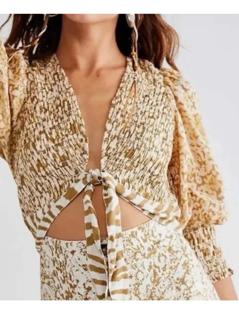 Free People Cream and Tan Smocked Tie-Front Maxi Dress